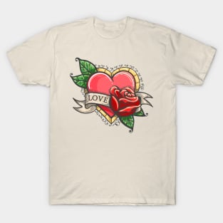 Heart, rose flowers, ribbon and word Love T-Shirt